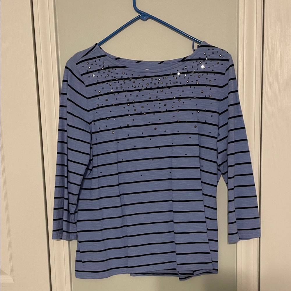 Talbots Long Sleeve Blue Striped Tee with Sequins